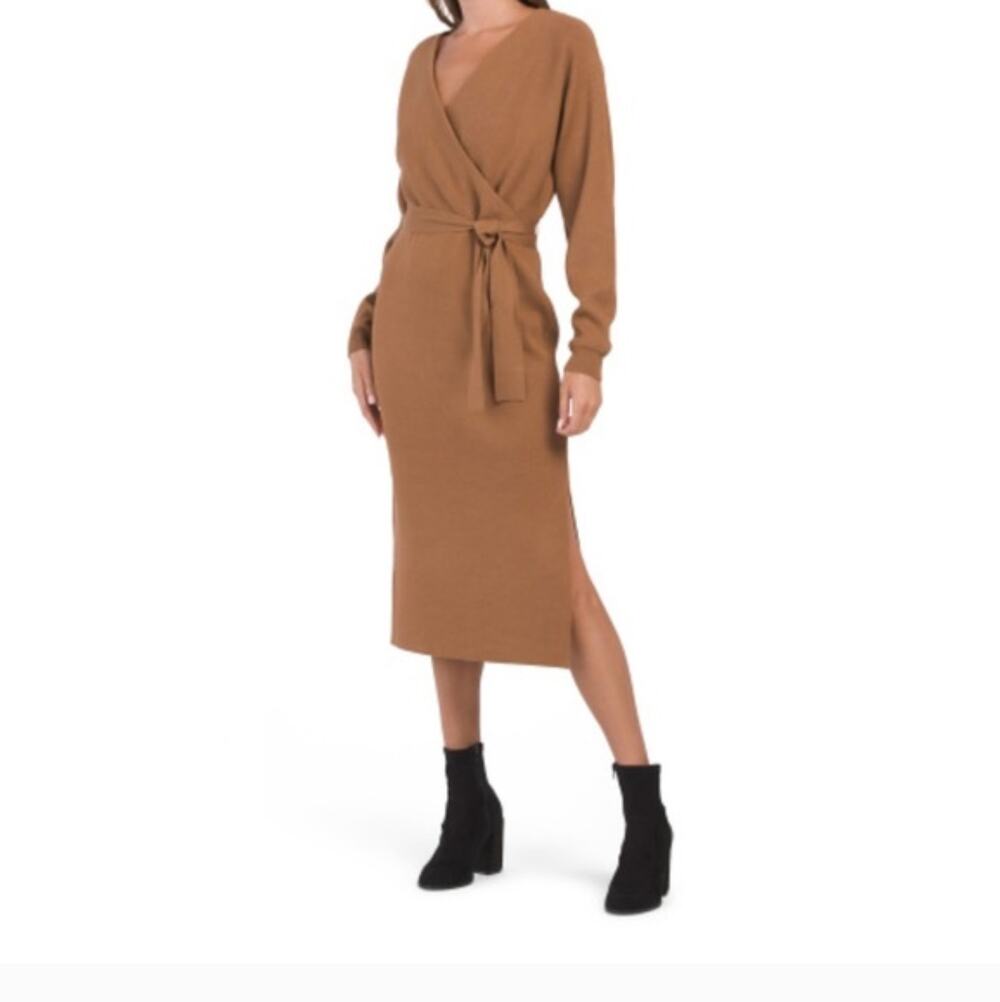 Nicole Miller Long Sleeve Belted Sweater Dress Brown Small